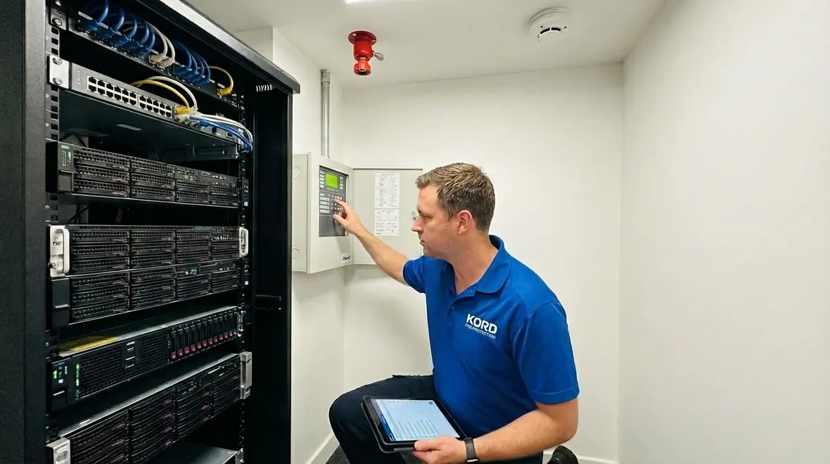 Server room fire suppression system protecting racks in a small facility