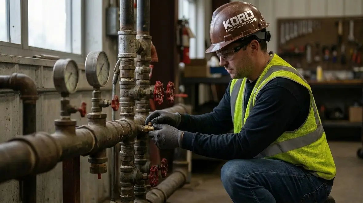 Kord Fire Protection technician performing seasonal sprinkler system review