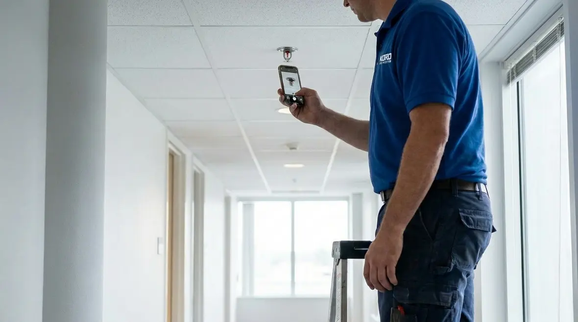 Building owner checking sprinkler head clearance and visible condition