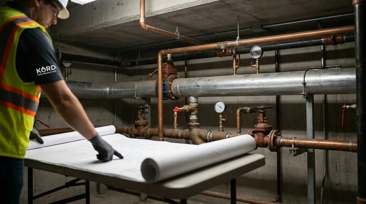 Architect reviewing sprinkler hydraulic calculation plans