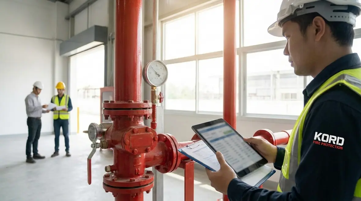 Fire protection team supporting sprinkler system water flow monitoring compliance