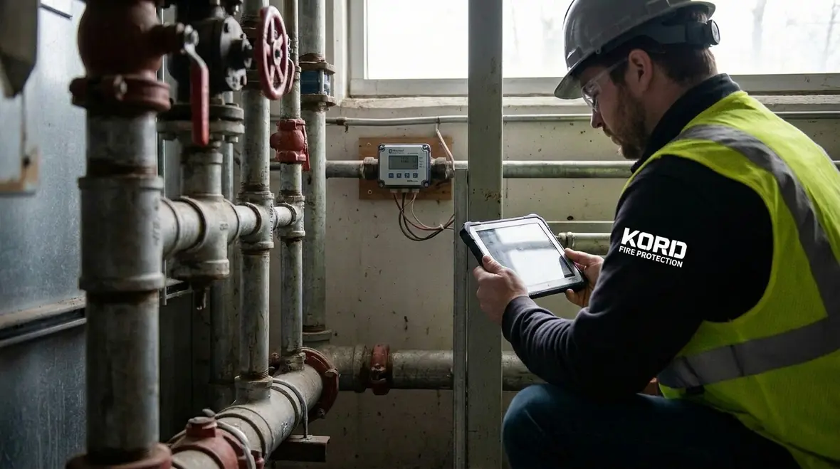 Technician reviewing sprinkler system water flow monitoring data