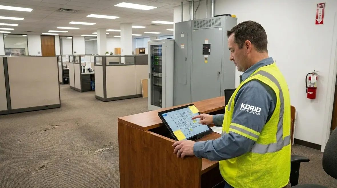 Technicians mapping access routes for fire extinguisher placement in commercial buildings