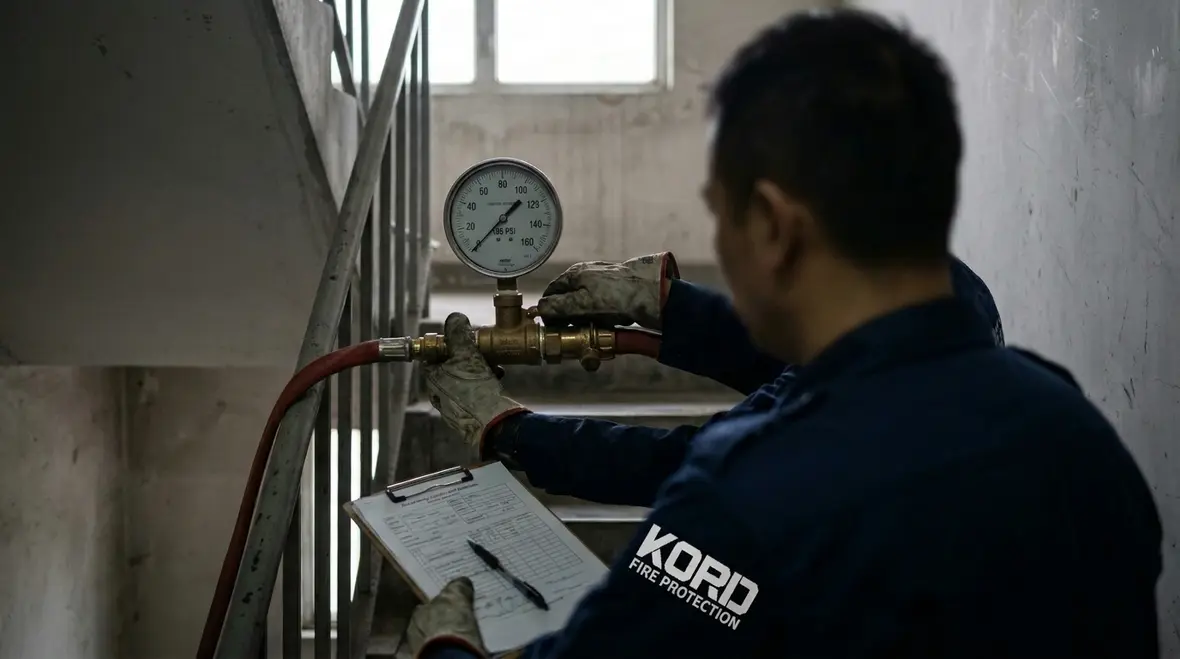 Technician performing standpipe system pressure testing