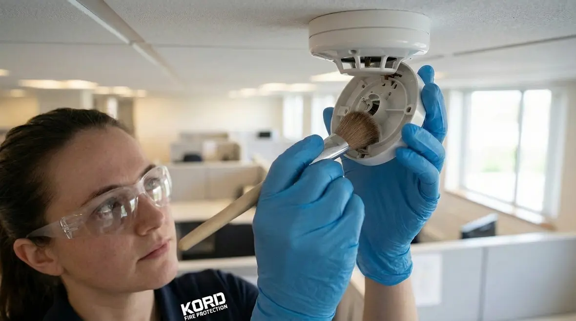 Fire alarm technician updating firmware and testing detectors