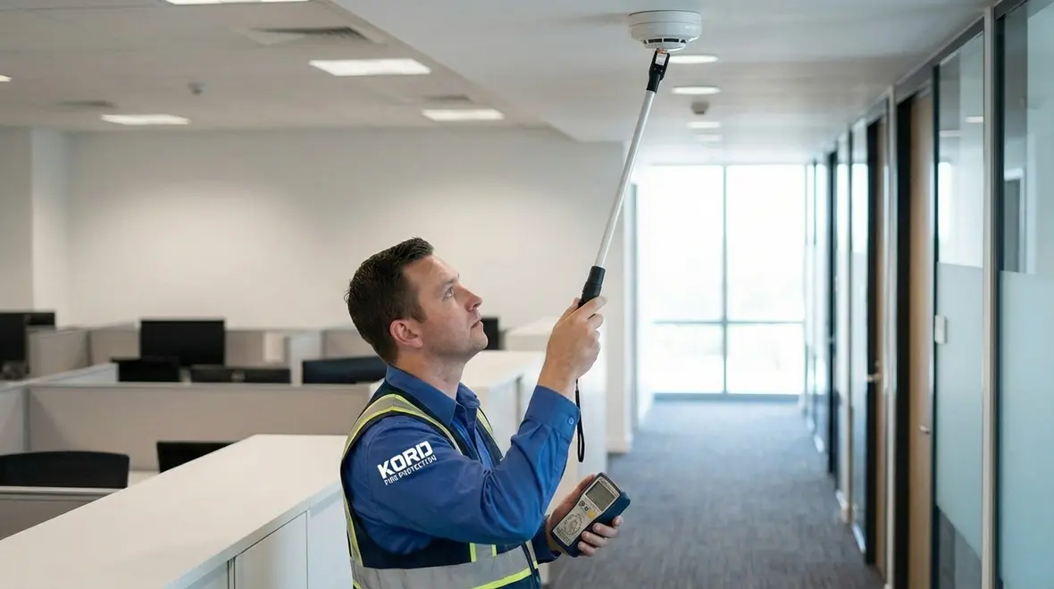 Technician performing routine inspection on fire detection panel