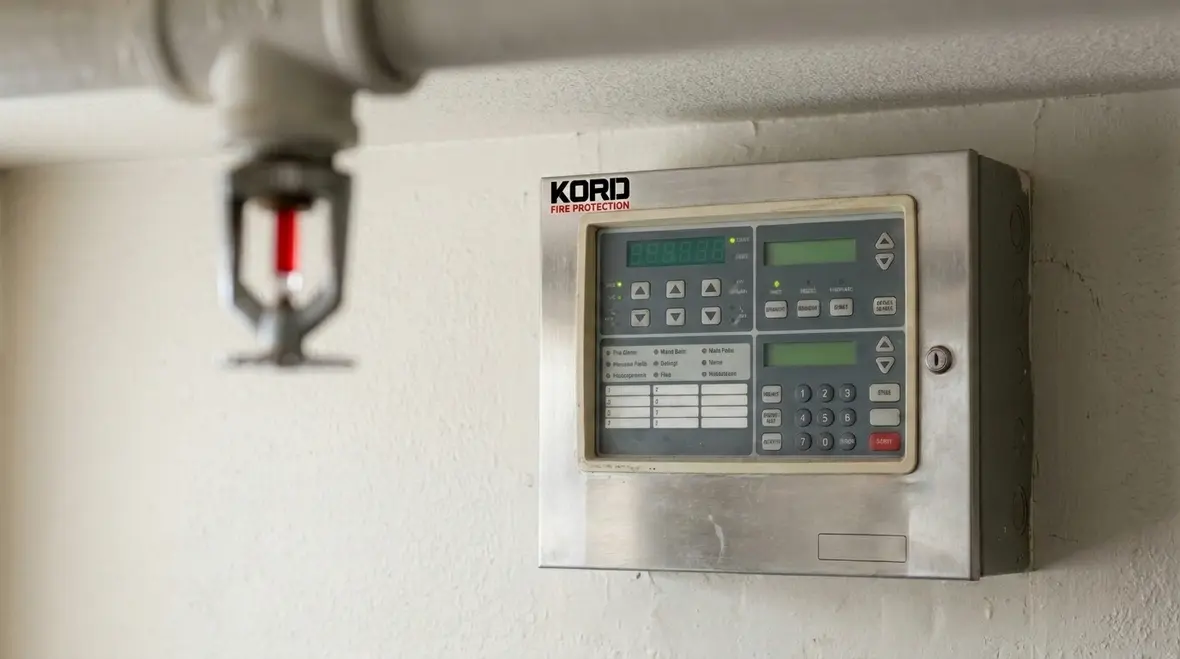 Technician inspecting fire alarm and sprinkler equipment in a commercial building