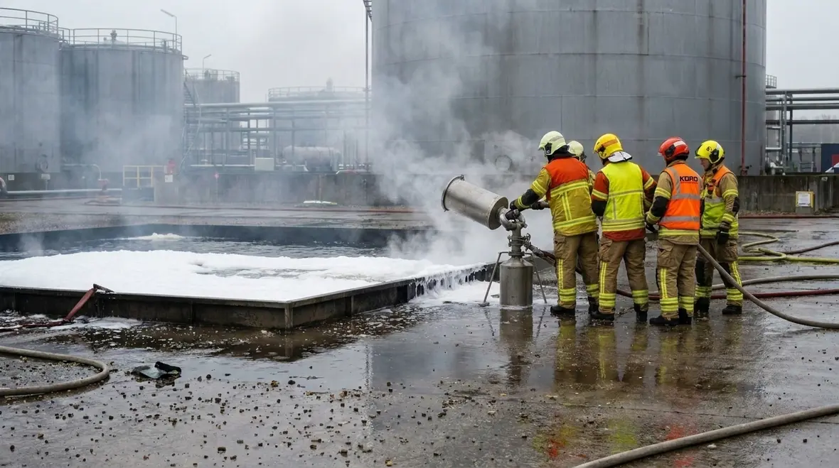 AFFF fire suppression foam blanket on fuel surface during industrial fire protection