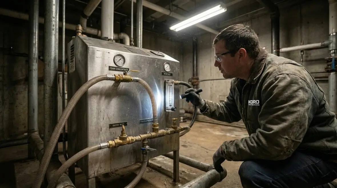 Foam proportioning and discharge equipment for AFFF fire suppression system