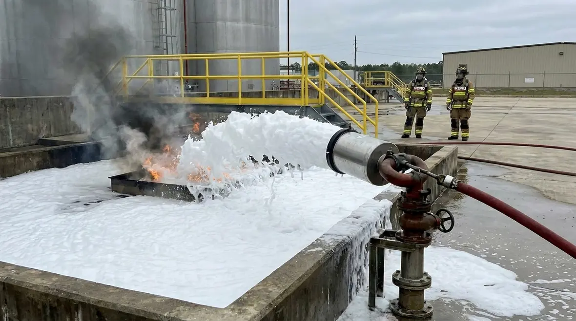 AFFF fire suppression foam system blanket over flammable liquid hazard