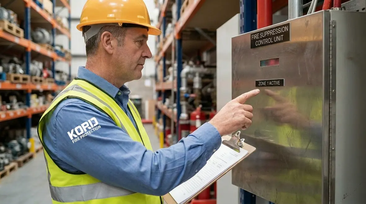 Commercial kitchen hazard area covered by ANSUL PIRANHA nozzles
