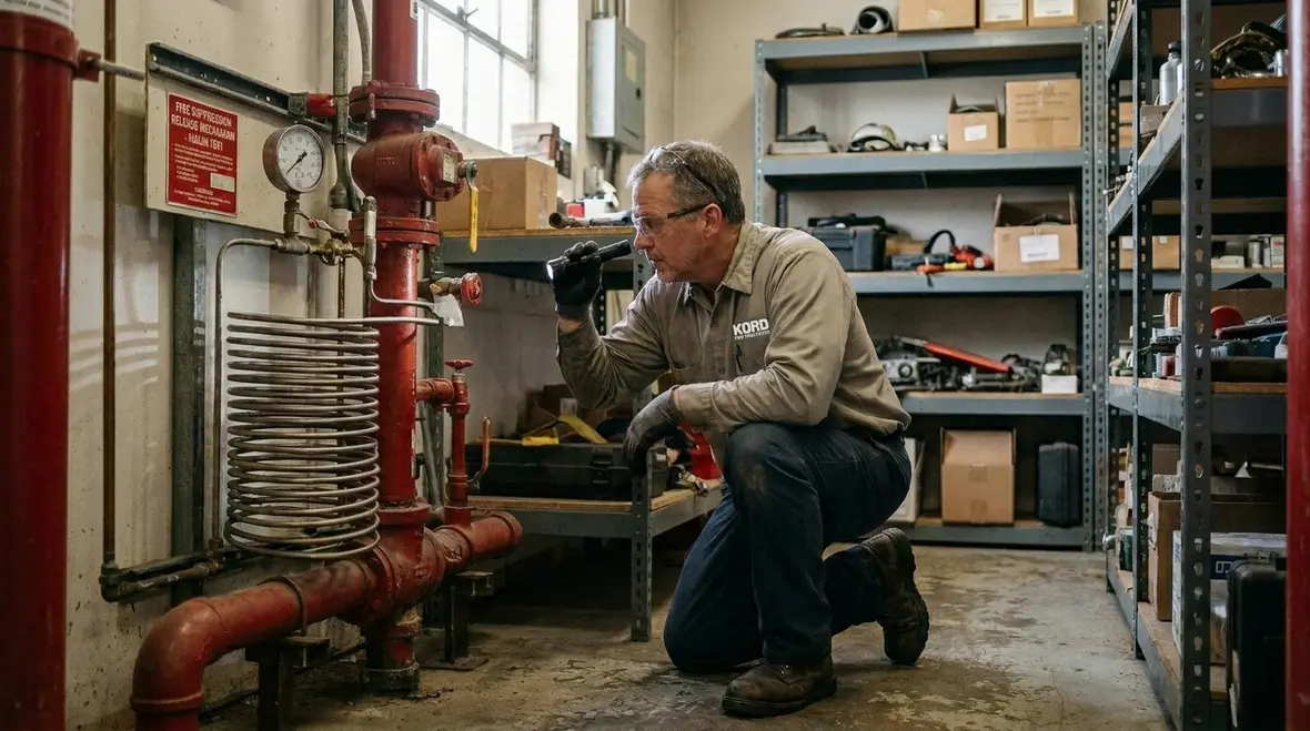 Technician servicing an ANSUL PIRANHA fire suppression system