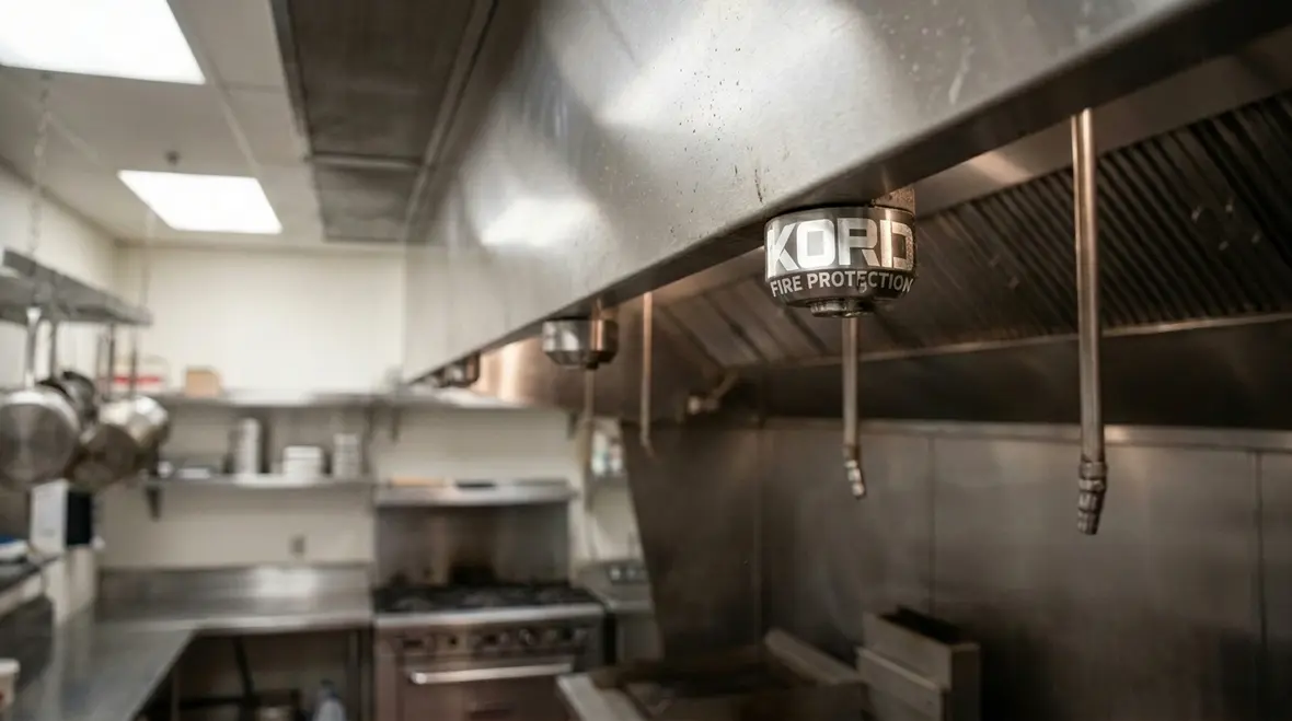 ANSUL PIRANHA fire suppression system protecting a commercial kitchen
