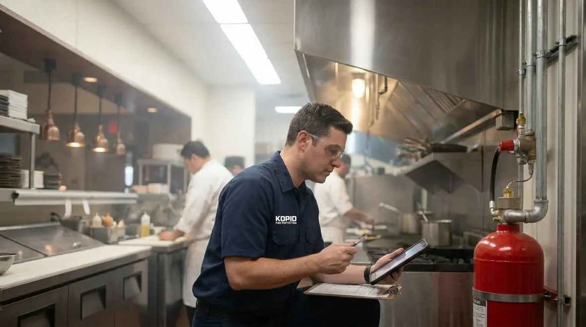 ANSUL R-102 restaurant fire suppression nozzles under a commercial hood