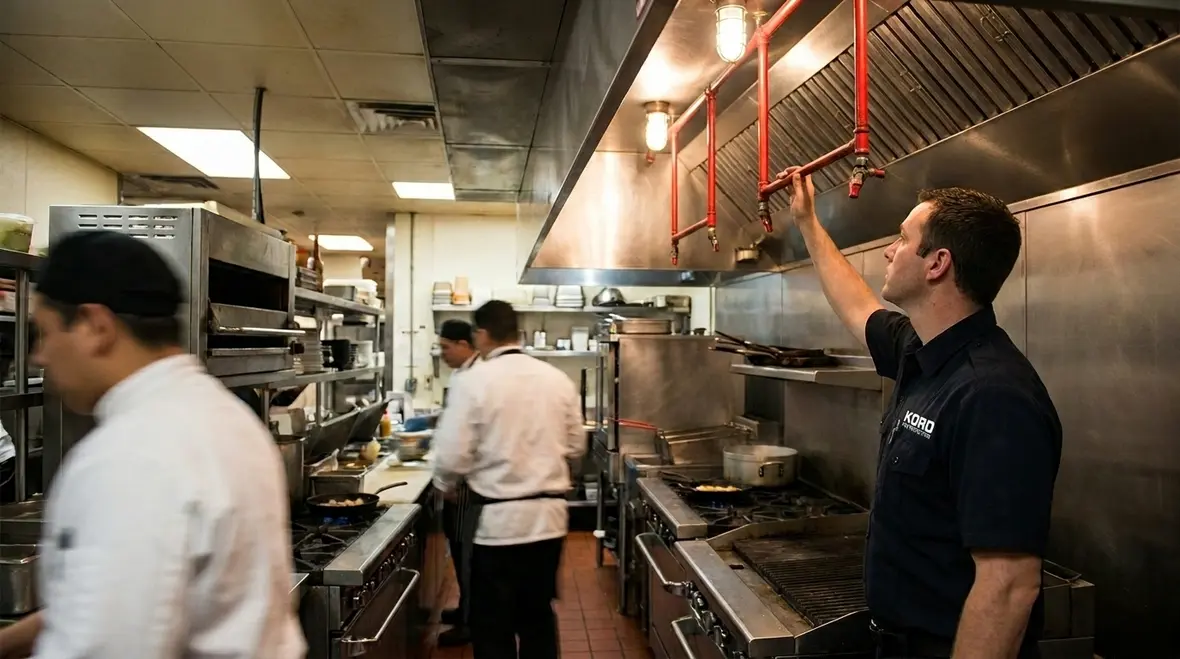 ANSUL R-102 system protecting a commercial restaurant kitchen