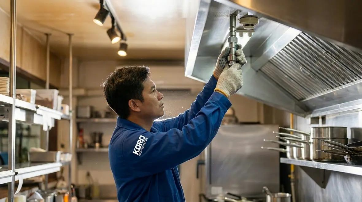 Commercial kitchen fire suppression piping and protected hood area
