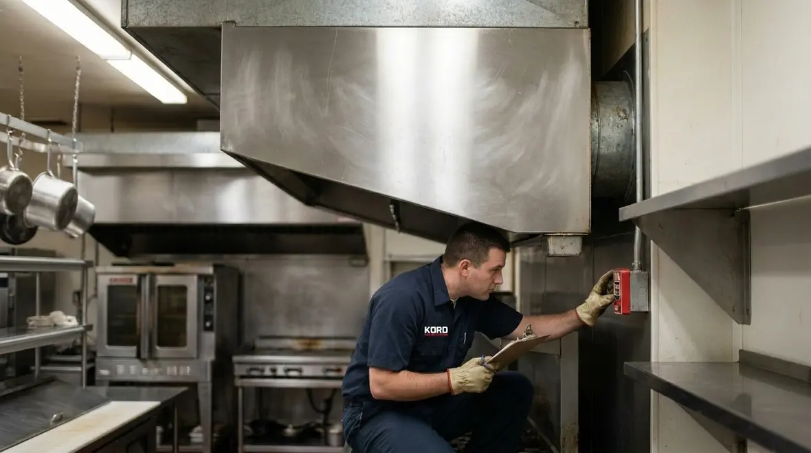 Technician servicing an ANSUL kitchen fire suppression system in a commercial hood