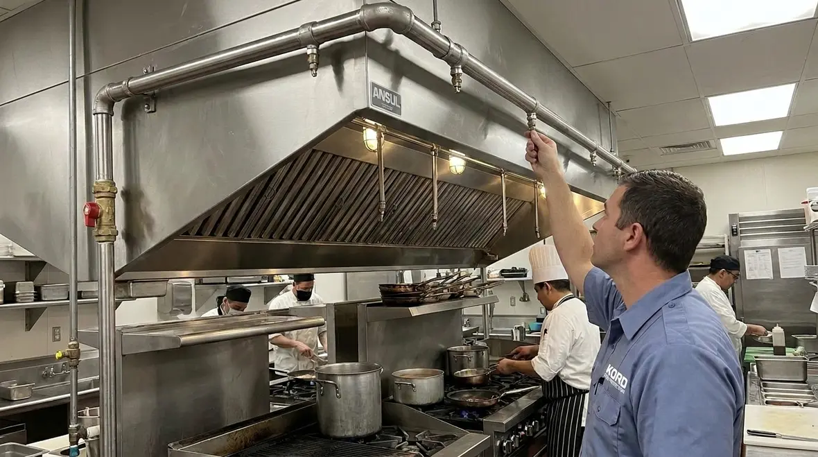 ANSUL kitchen fire suppression system over commercial cooking equipment