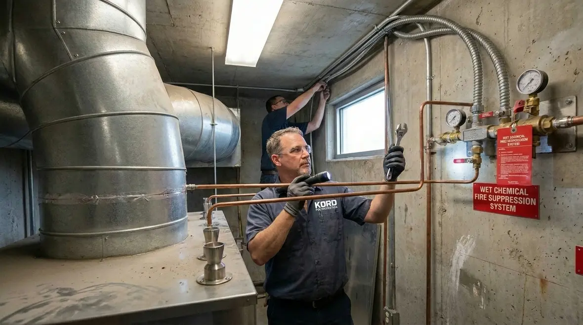 Wet chemical kitchen suppression components installed inside commercial hood system