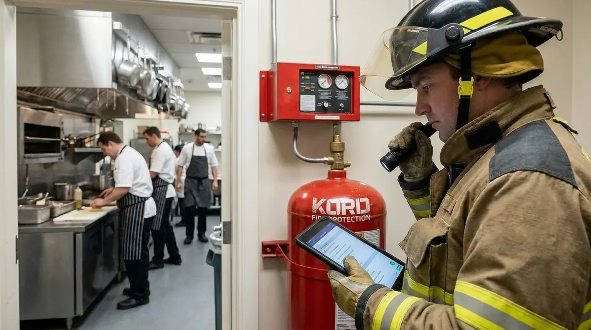 Technician servicing commercial kitchen suppression system cylinder and piping