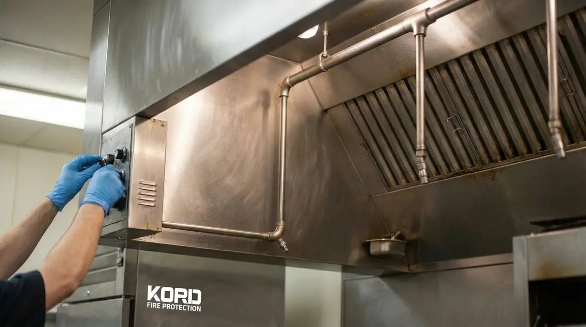 Commercial kitchen suppression system nozzles over fryers and grill line