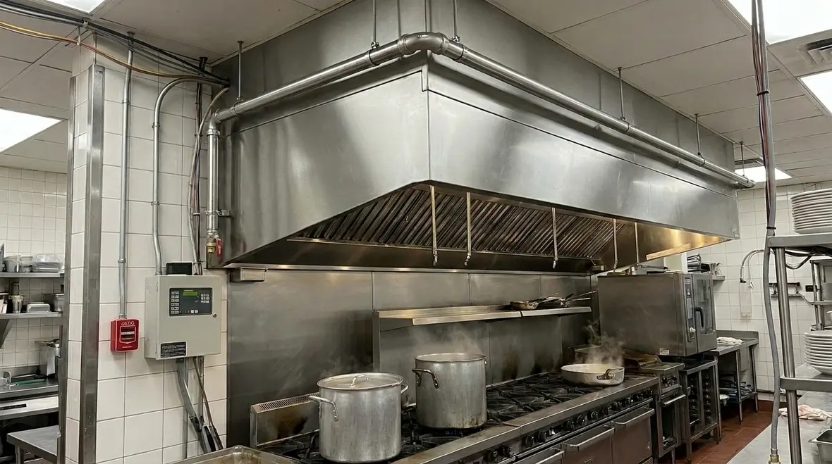 ANSUL vs Pyro-Chem kitchen suppression systems protecting a commercial cookline