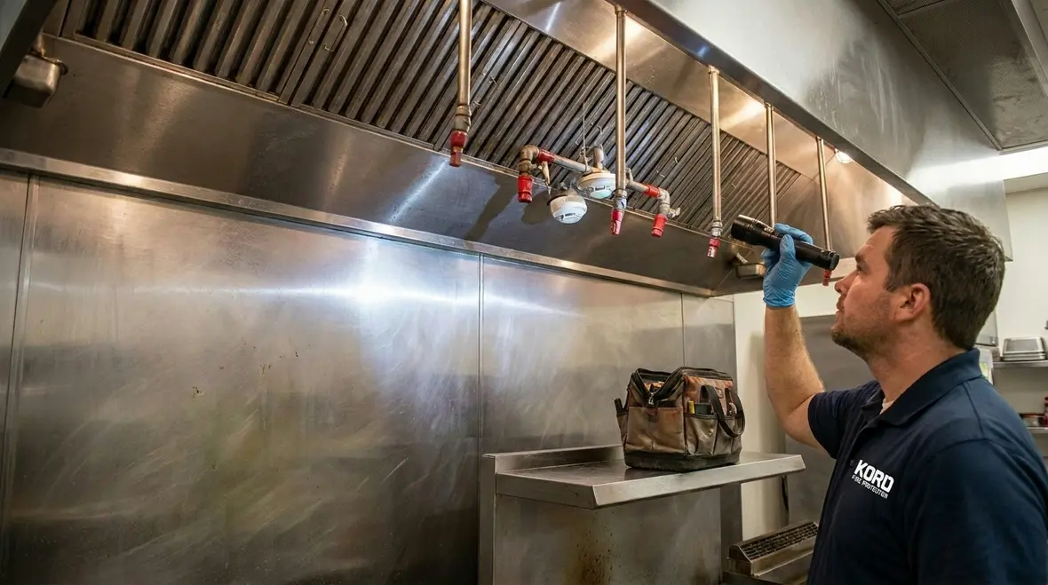 Commercial kitchen hood and duct area protected by an Amerex suppression layout