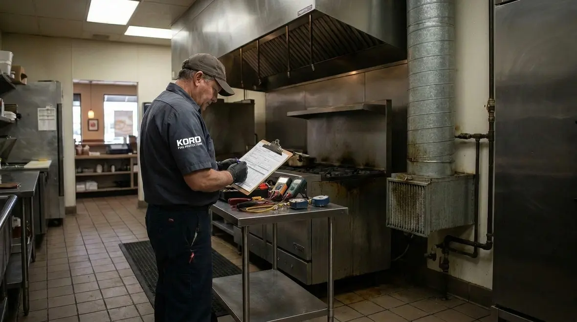 Technician inspecting Amerex kitchen fire suppression components under a restaurant hood