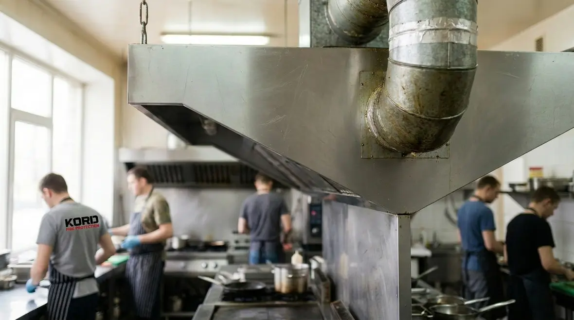 Amerex kitchen fire suppression system mounted above commercial cooking appliances