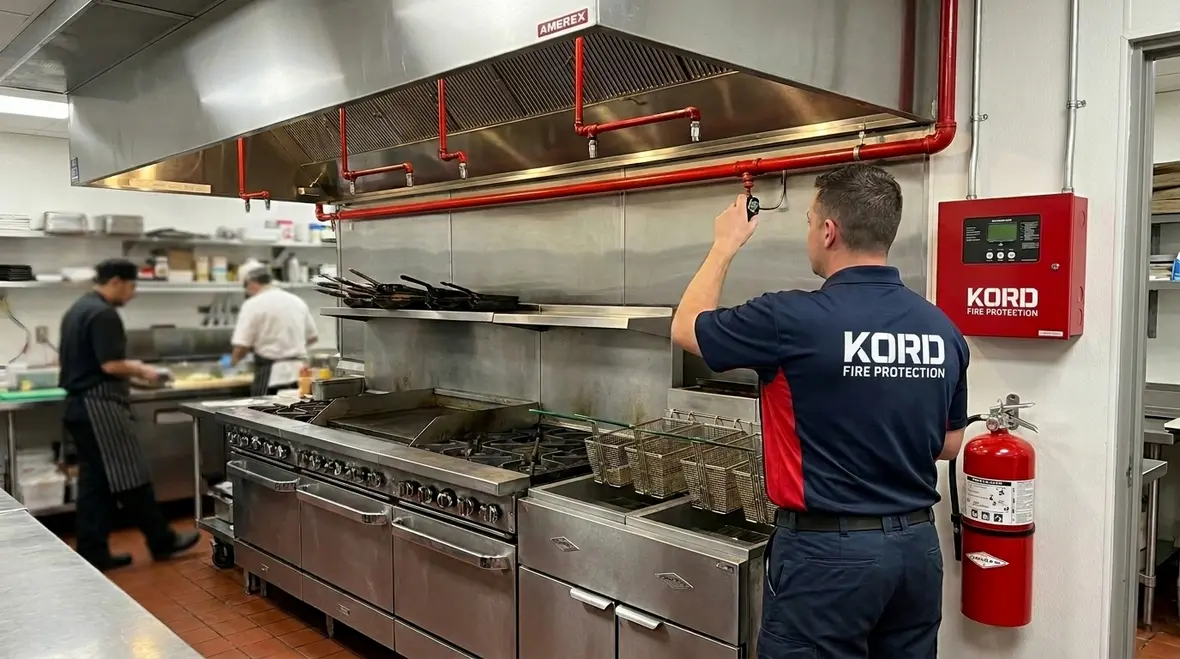 Amerex kitchen protection system installed over a commercial cooking line