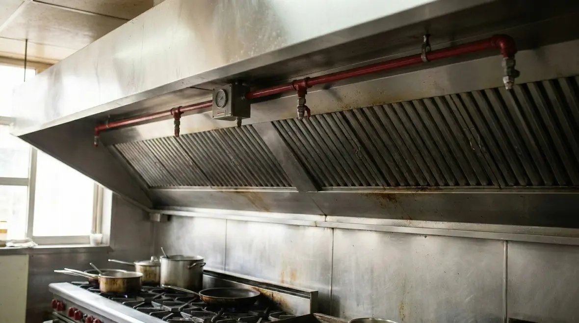 Kitchen suppression nozzles and hood protection over restaurant appliances
