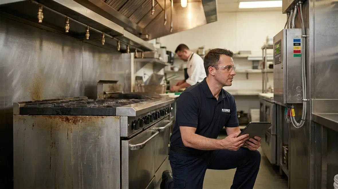Commercial kitchen hood layout showing suppression coverage and appliance protection
