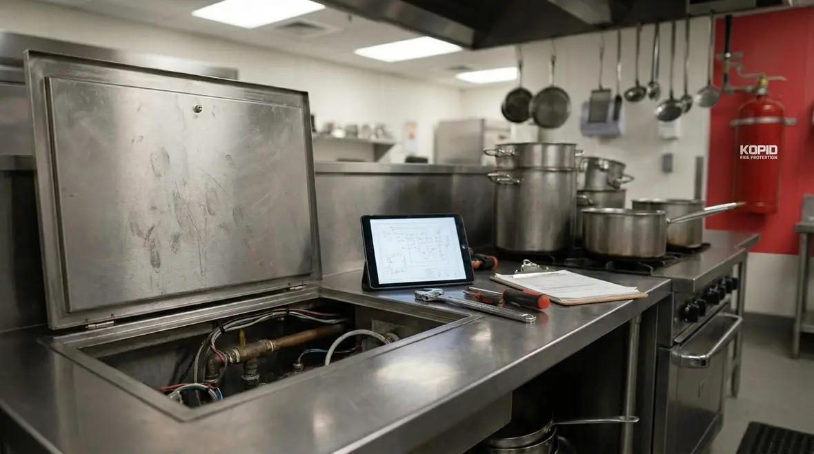 Technician servicing a commercial kitchen suppression system for compliance and reset