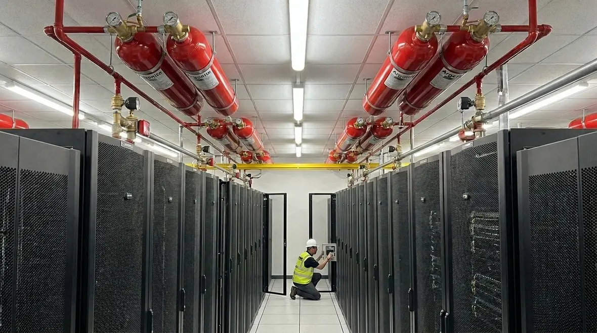 Argonite fire suppression system cylinders protecting a critical facility