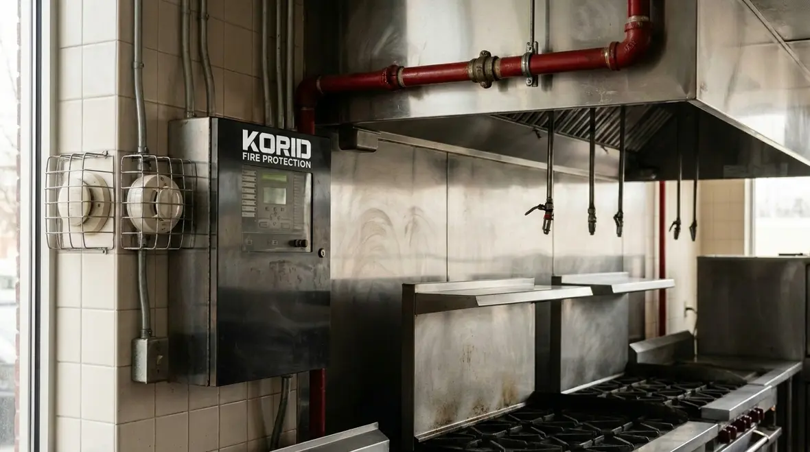 Detection and discharge components of a Buckeye Kitchen Mister fire suppression system