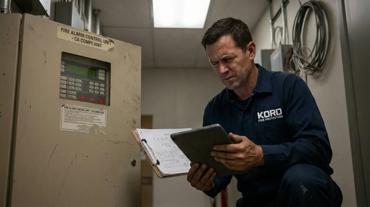 Technician reviewing fire alarm panel and compliance checklist in California facility