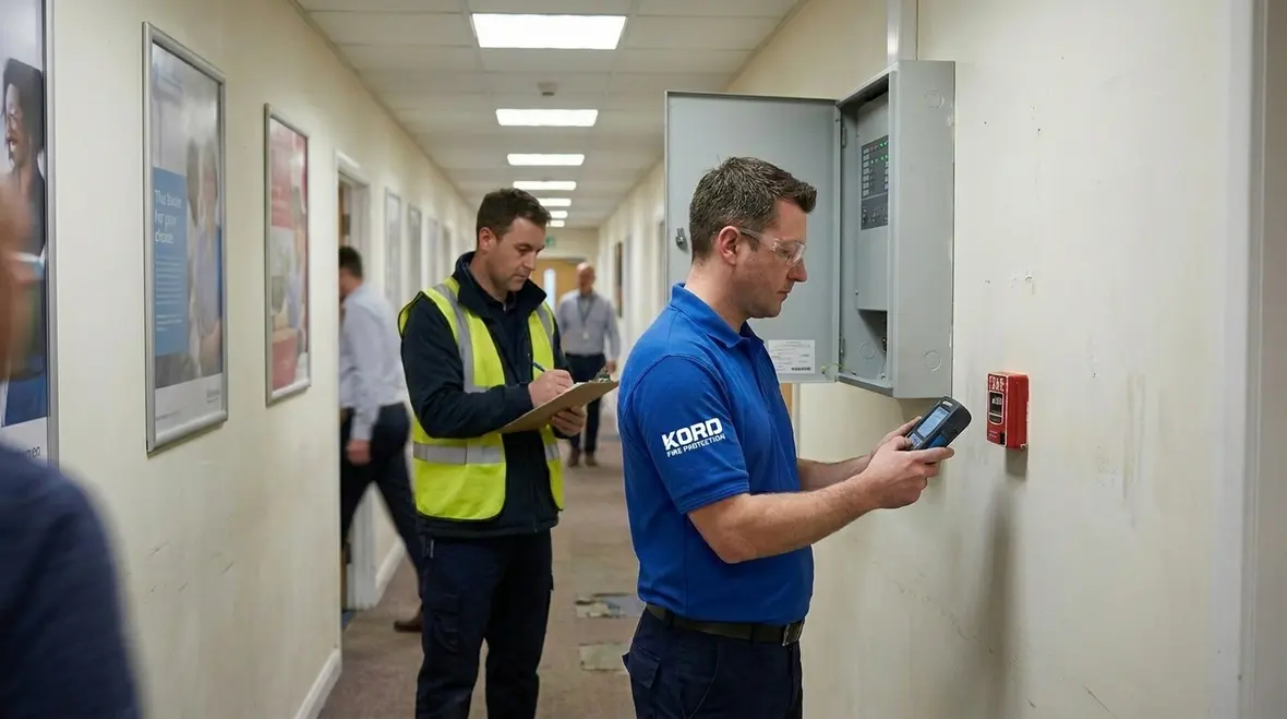 Facility manager preparing building access and records before fire alarm inspection