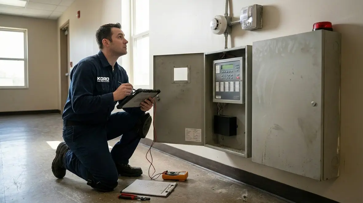 Kord fire protection technician inspecting alarm system components