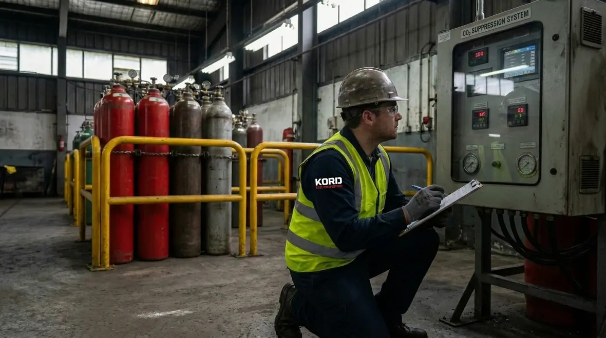 Technician installing CO2 electrical fire suppression components