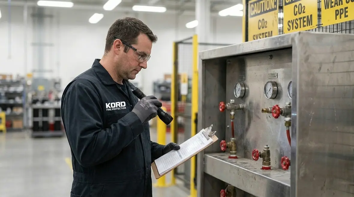 Technician performing CO2 fire suppression inspection on cylinders and manifold
