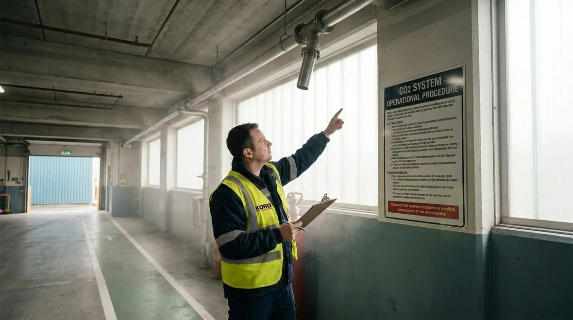 Facility room protected by CO2 fire suppression system with inspection access