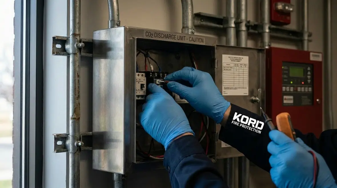 CO2 fire suppression piping valves and discharge hardware inspection