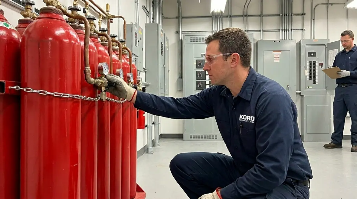 CO2 fire suppression inspection system cylinders and controls