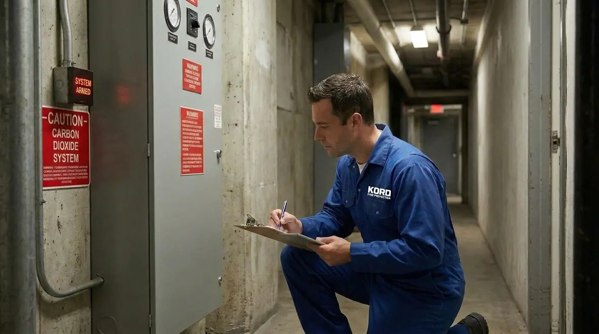 Technician reviewing CO2 fire suppression maintenance checklist