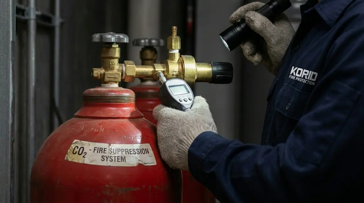 Technician reviewing CO2 fire suppression installation checklist
