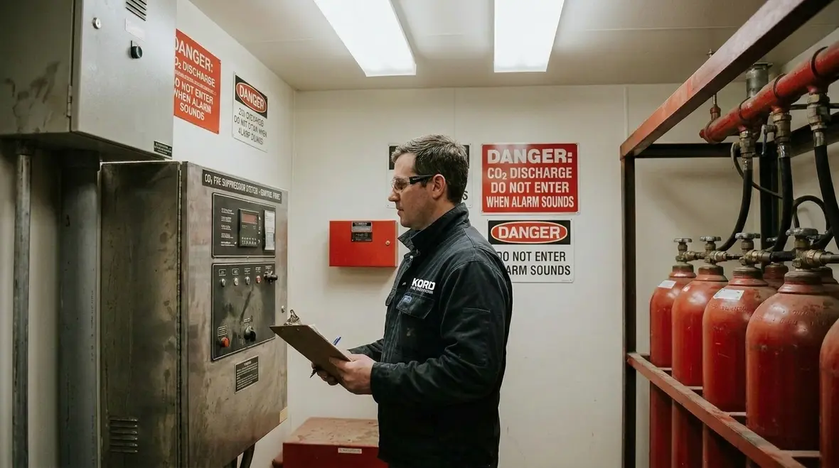 CO2 fire suppression cylinders and controls in a protected room