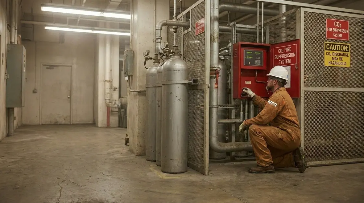 CO2 fire suppression cylinders and industrial piping in Southern California