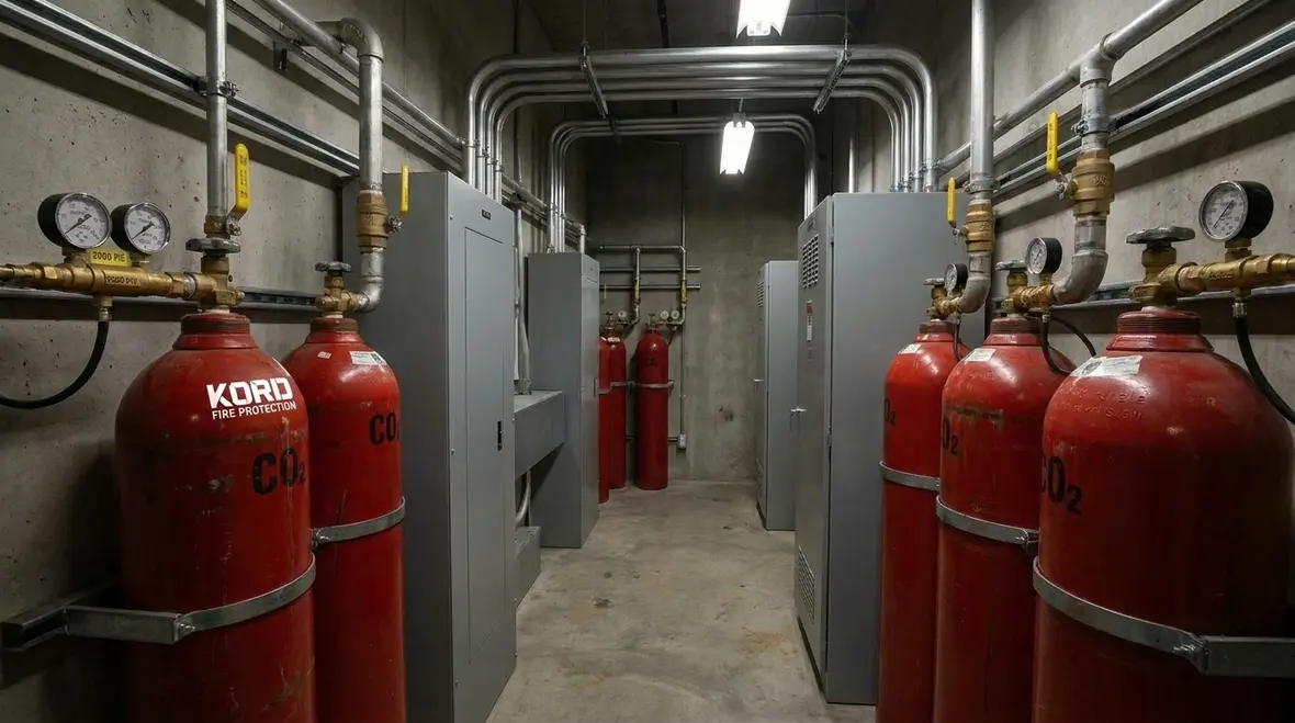 CO2 fire suppression system discharge components in industrial facility
