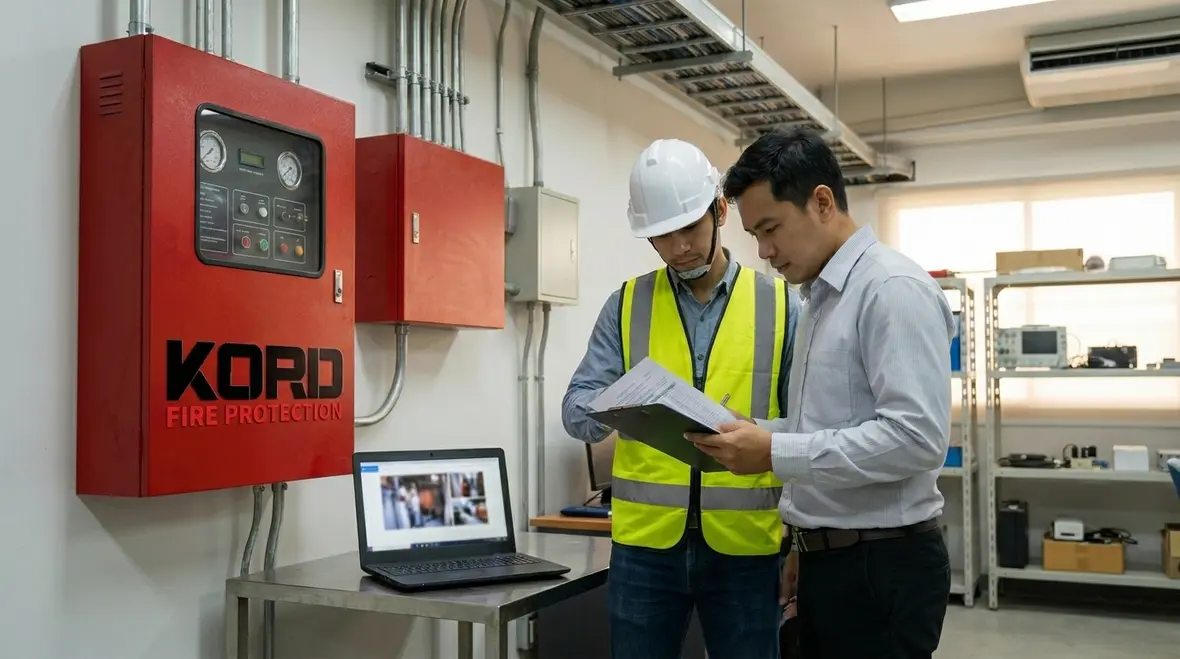 Fire suppression control panel and technician checking CO2 system readiness