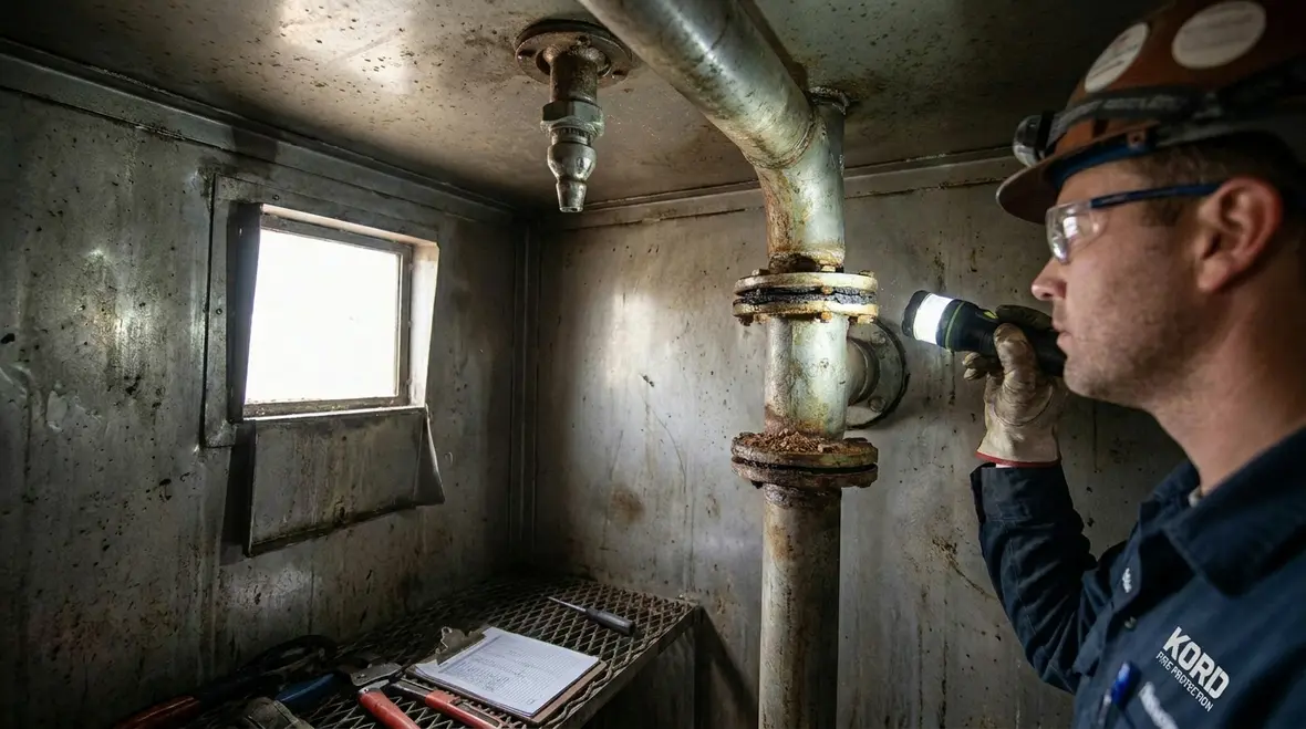 Technician inspecting CO2 discharge piping and nozzles